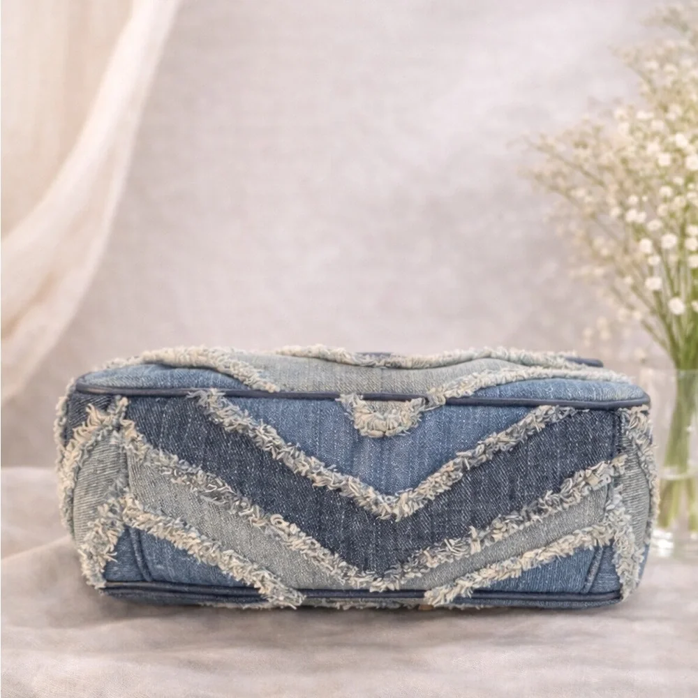 Michael Kors Sloan Small Denim Chevron Patchwork MK Silver Chain Shoulder Bag